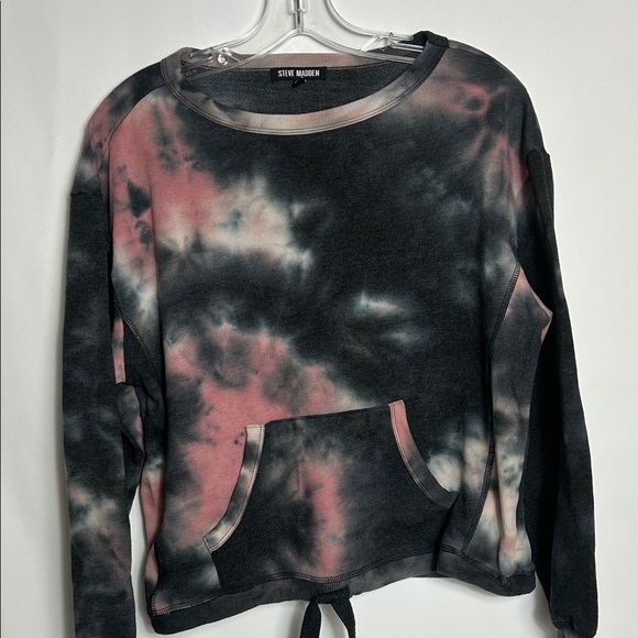 Steve Madden Black Pink Tie-Dye Sweatshirt Pullover Front Pocket Crop Shirt - Picture 1 of 3